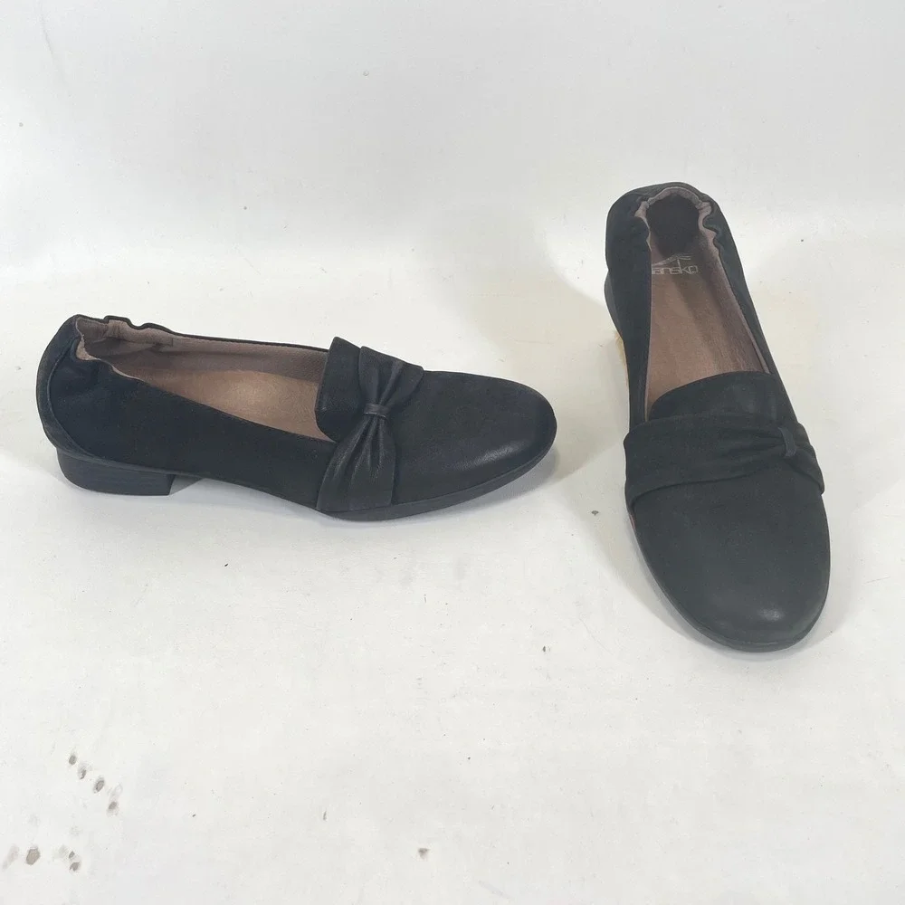 Dansko Black Leather Bow Loafer Flats Elastic Heel Round Toe Size 39